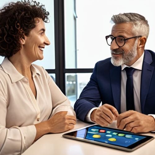 **

A friendly, professional financial advisor in a modern office setting, sitting across from an Italian couple. The advisor is gesturing towards a financial plan displayed on a tablet, explaining investment options for early retirement. The atmosphere is warm and collaborative, conveying trust and open communication. Focus on elements that evoke Italian financial security and a comfortable retirement.

**