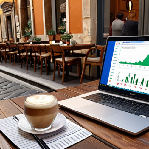 **

A person happily checking their investment portfolio on a laptop in a cozy Italian cafe, cappuccino on the table. Charts showing growth in stocks, bonds, and a small percentage in cryptocurrencies are visible on the screen.  The background features a typical Italian street scene with Vespas and stylish pedestrians. This visualizes "Investimenti Intelligenti: Far Crescere il Tuo Patrimonio".

**