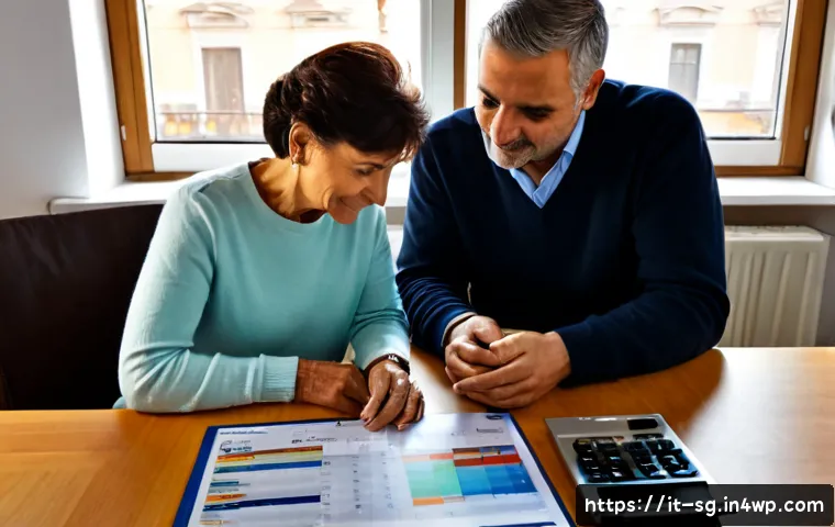 Home 16 조기 은퇴를 위한 투자 신뢰도 분석 - Photorealistic Italian couple in their early sixties reviewing a retirement investment plan at a bri...